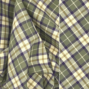 Sage Green Plaid Fabric with Camel Beige Purple, Dark Academia Cotton Twill Tartan, Classic Woven Flannel Check for Sewing, Deadstock Fabric