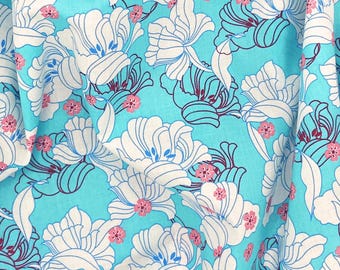 Vintage-Inspired Art Deco Floral Cotton Lawn Fabric in Aqua, Pink & White - 58" Wide
