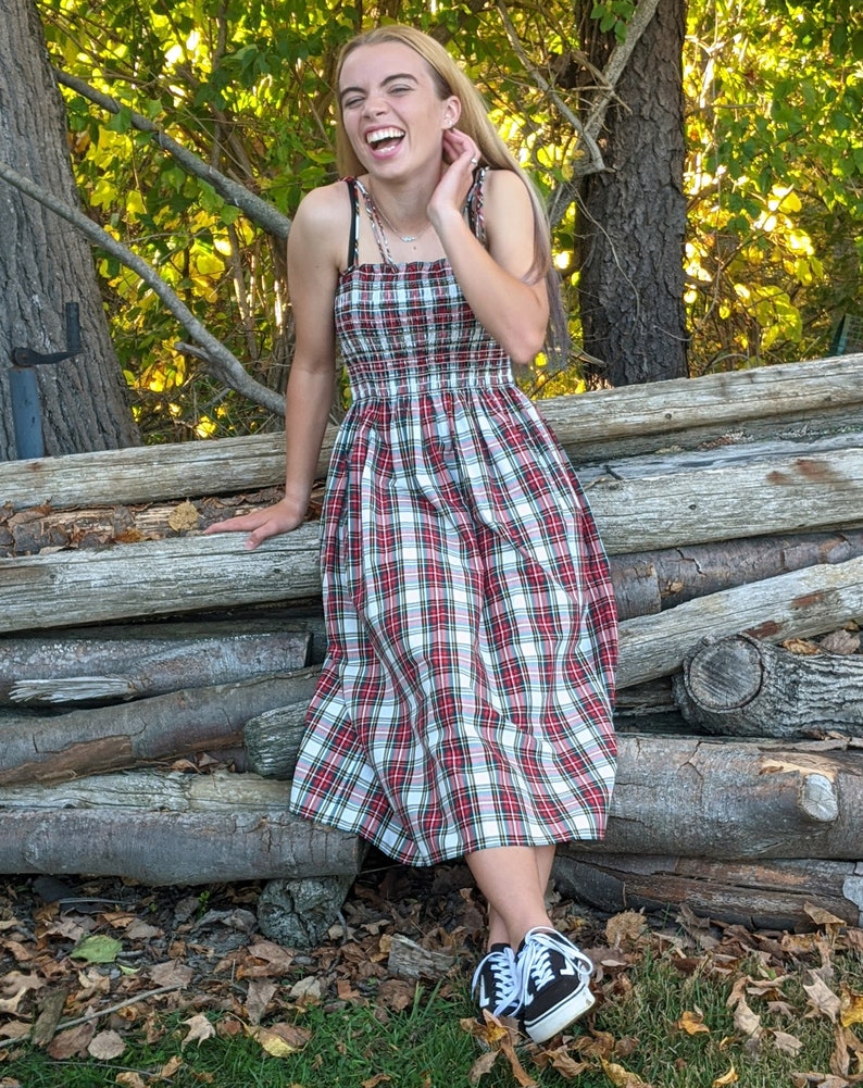 Womans Smocked House Dress With Pockets,Shirred Tube Dress Sewing Kit Tartan Dress Pattern Plus Size Pattern Precut Sewing Project