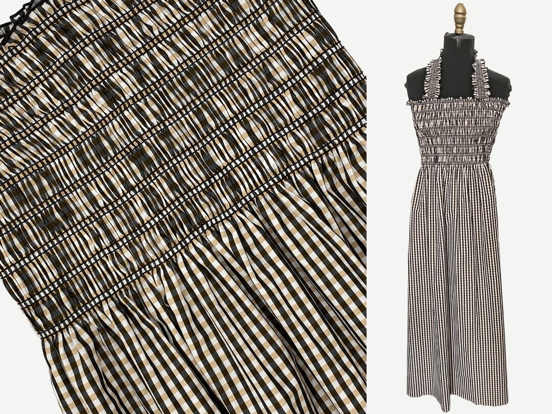 Preshirred Smocked Fabric, Black Beige Gingham Check Fabric With