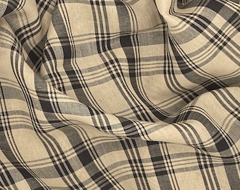 Beige Black Plaid Polyester Twill Fabric: Drapey Semi-Sheer, 58" Wide Check