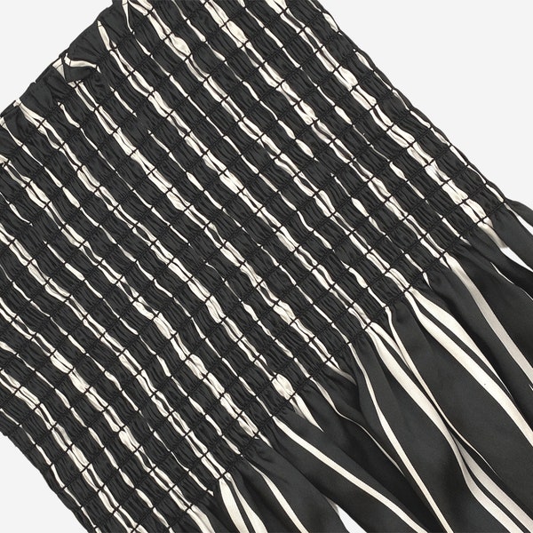 Black White Stripe Shirred Smocked Fabric, Clean Graphic Stripe Fabric with Elastic Shirring for Sewing Dresses, Polyester Deadstock Fabric