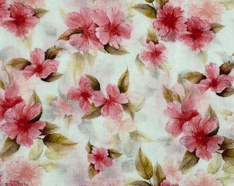 Strawberry Pink Floral Cotton Lawn Fabric: Semi Sheer Shirting