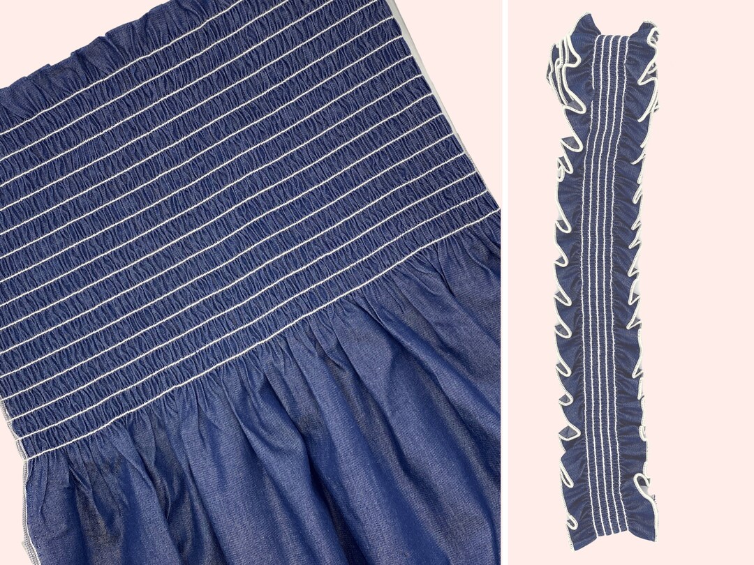 Pre Smocked Shirred Dark Denim Fabric With Elastic Shirring for