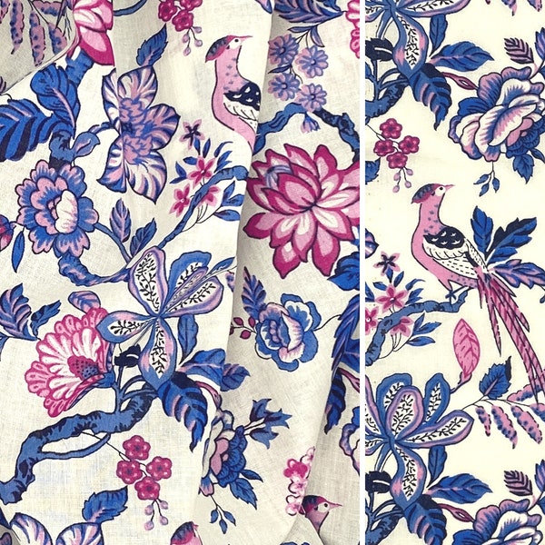 Pink Blue Floral Bird Toile Fabric by the Yard, Modern Toile de Jouy Cotton Lawn Print for Sewing Apparel Craft  | Sold by the 1/2 yard