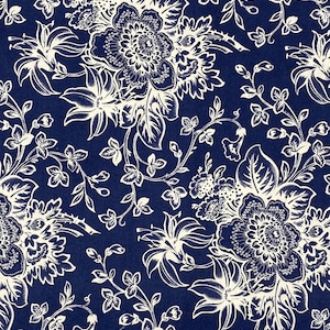 Blue Floral Fabric, Decorative  Stylized Navy Jacobean Flower Print, Large Scale Cotton Shirting Fabric for Sewing, Deadstock Fabric