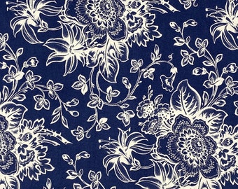 Blue Floral Fabric, Decorative  Stylized Navy Jacobean Flower Print, Large Scale Cotton Shirting Fabric for Sewing, Deadstock Fabric