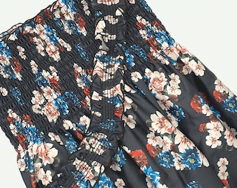 Cotton Sateen Fabric Shirred by the Yard 42"L, Black Blue Floral Fabric with Elastic Shirring for Sewing Dresses and Skirts, Smocked Fabric