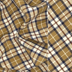Camel Brown Plaid Fabric with Red Navy Beige, Dark Academia Cotton Twill Tartan, Classic Woven Flannel Check for Sewing, Deadstock Fabric
