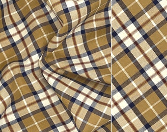 Camel Brown Plaid Fabric with Red Navy Beige, Dark Academia Cotton Twill Tartan, Classic Woven Flannel Check for Sewing, Deadstock Fabric