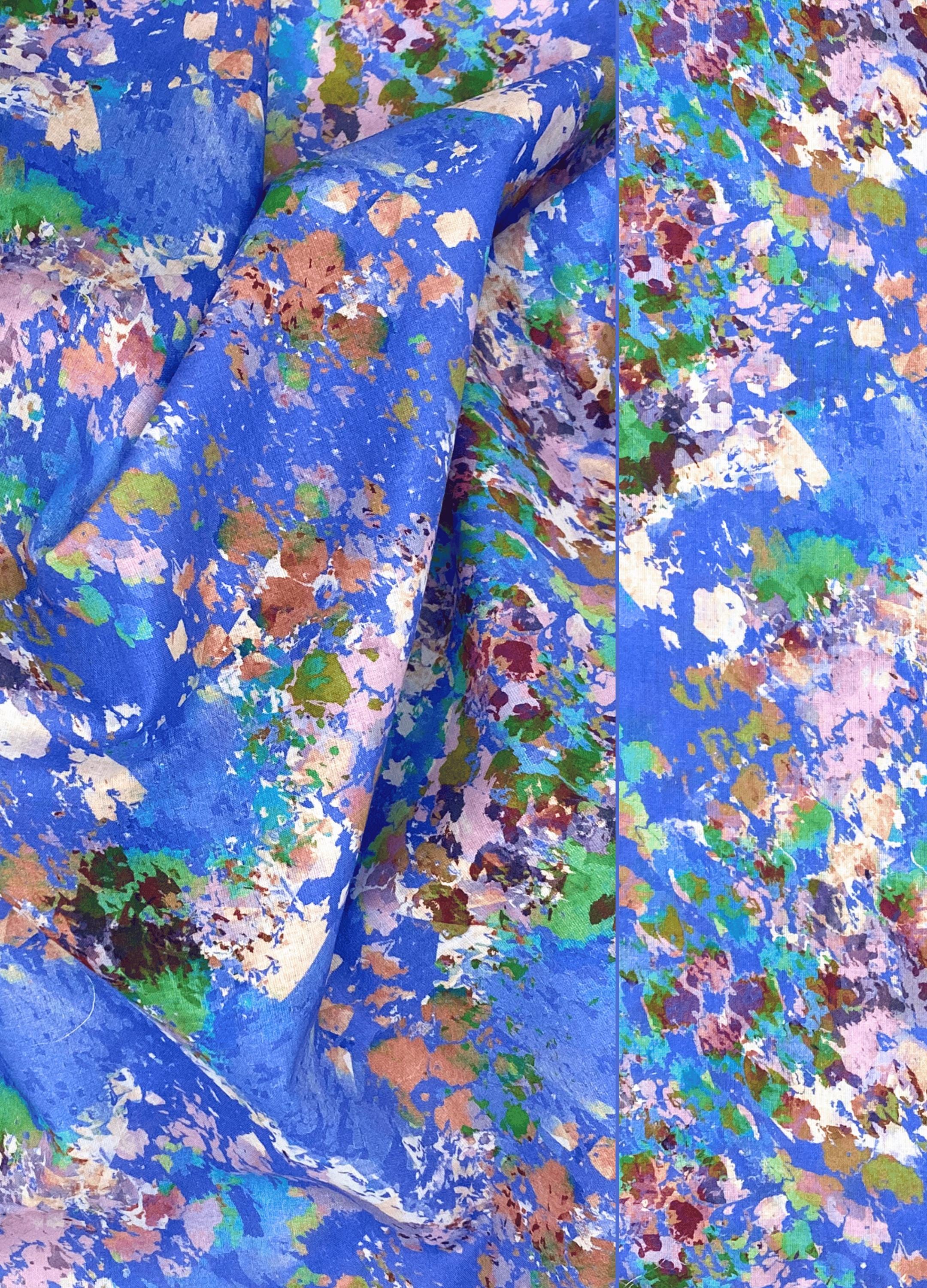 Abstract Blue Floral Fabric, Multicolor Splash Fabric for Sewing, Playful Blue Splatter Fabric, Colorful Cotton Shirting, Deadstock Fabric