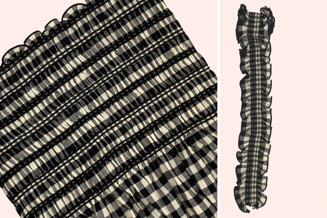 Presmocked Shirred Fabric Panel, 25 w X 42l, Black White Buffalo Plaid