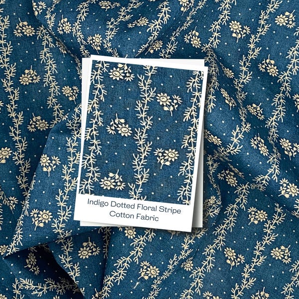 Vintage-Inspired Indigo Floral Stripe Cotton Fabric: Navy & Beige Wallpaper Pattern for Sewing Projects
