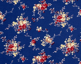 Colorful Navy Floral Bouquet Fabric, Blue Yellow Red Flower Print Fabric, Soft Cotton Shirting Fabric for Sewing 56"W, Deadstock Fabric