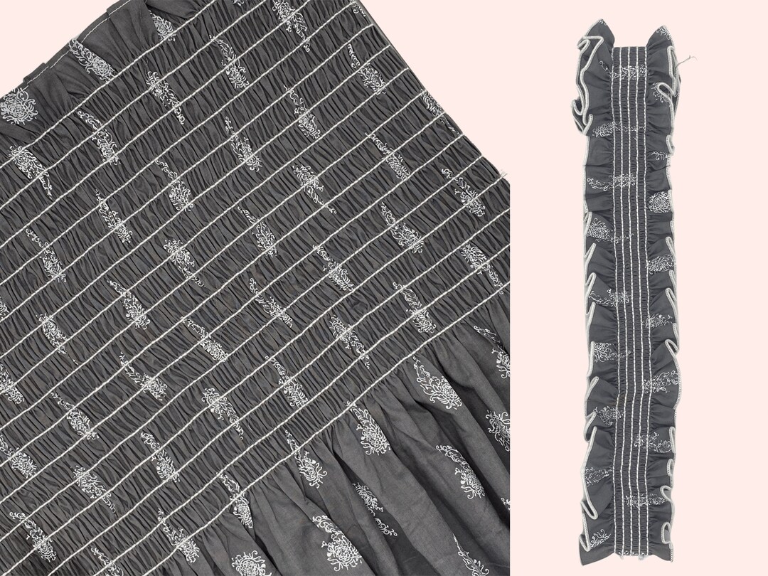 Presmocked Fabric Panel, Cotton Lawn Grey White Floral Paisley Fabric