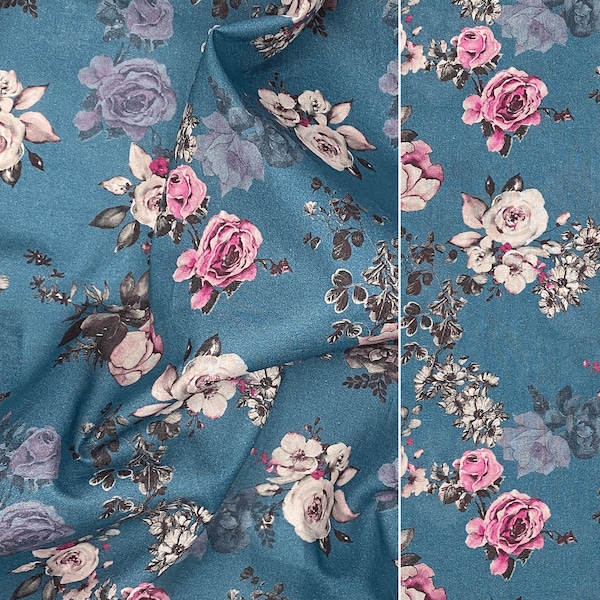 Steel Blue Floral Fabric with Purple Pink Roses Printed on Cotton Lawn for Sewing Apparel Home Decor Quilt, Cottagecore Deadstock Fabric