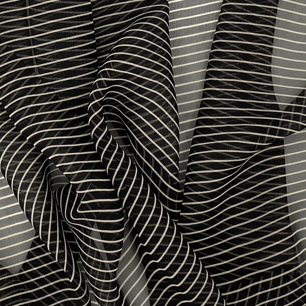 Black White Stripe Silk Fabric, 44W for Sewing, Semi-Sheer Silk Georgette, Black White Pinstripe, Deadstock Fabric