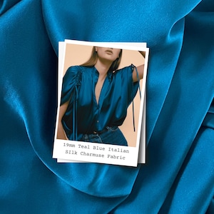 19mm Teal Blue Silk Satin Charmeuse, Crepe Back Satin Italian Silk Fabric by the Yard for Apparel accesories for Sewing, Deadstock Fabric