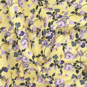 Small Yellow Floral Rose Fabric with Purple Green, Vintage Style Lemon Lilac Flowers on Cotton Lawn Fabric, Deadstock Fabric for Sewing
