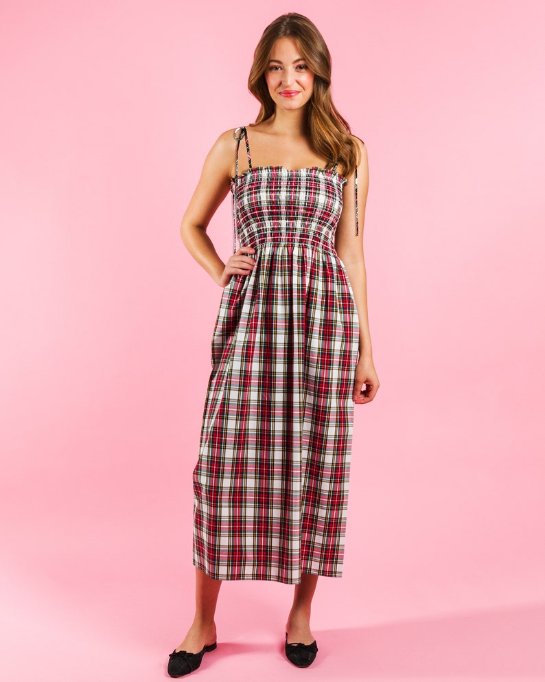 Womans Smocked House Dress With Pockets,Shirred Tube Dress Sewing Kit Tartan Dress Pattern Plus Size Pattern Precut Sewing Project