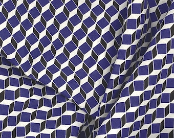 Geometric Silk Fabric: Blue Black White 3D Cube Print