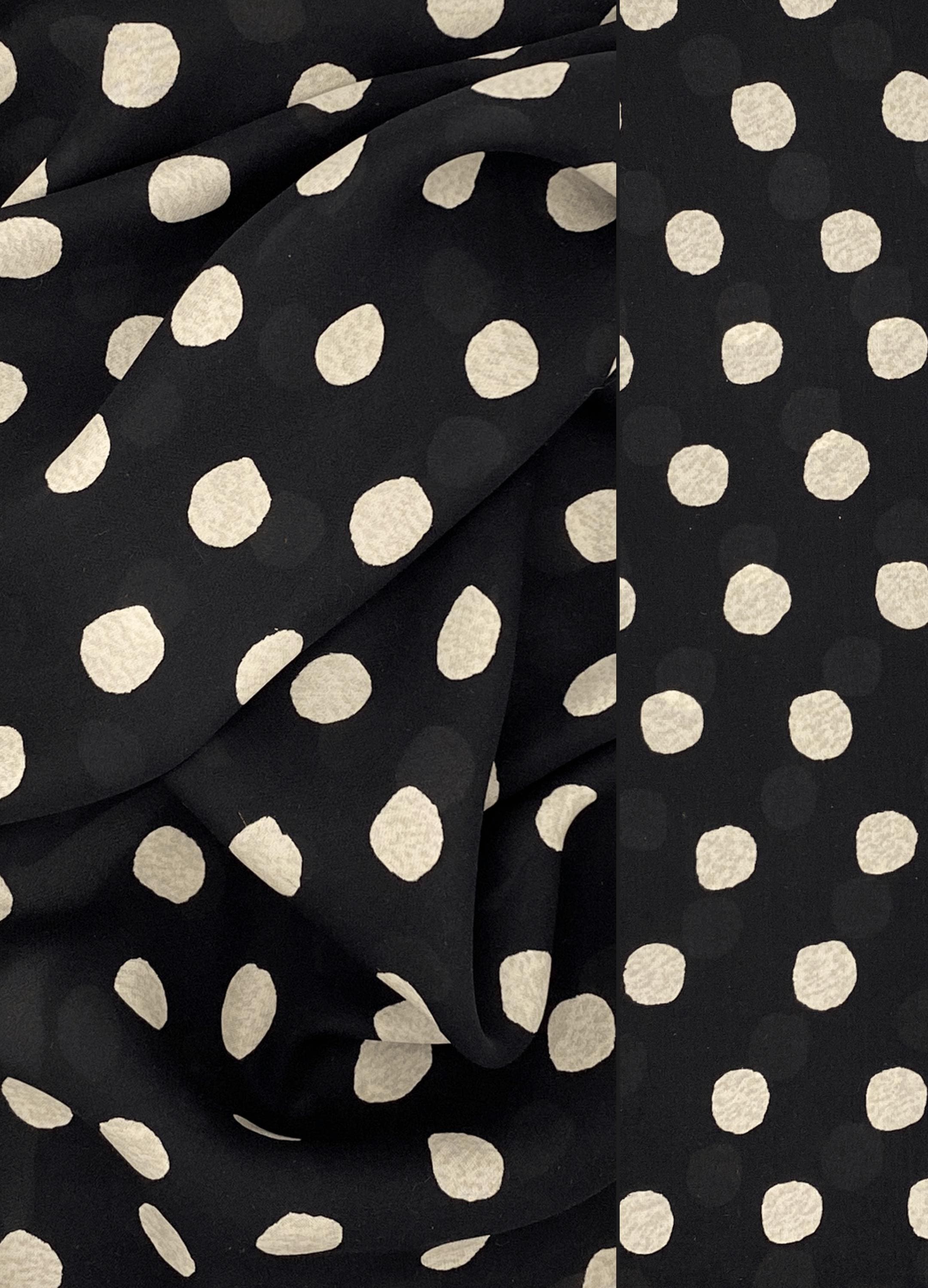 Black Polka Dot Silk Georgette Fabric 44W for Sewing, Semi-Sheer, Beige Polka Dot on Black, Deadstock Fabric, Large Polka Dot