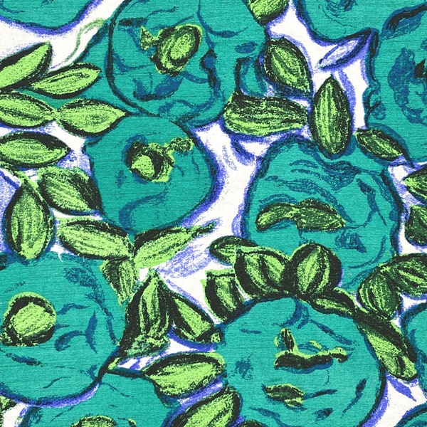 Large Floral Fabric, Big Blue Flowers Fabric, Bold Abstract Roses Printed on Textured Cotton Polyester  | Continuous 1/2 Yard Deadstock