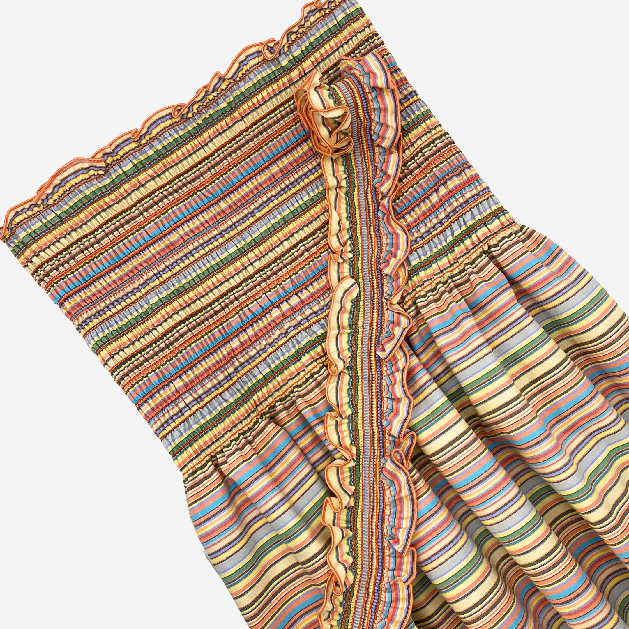 Orange Blue Yellow Stripe Smocked Cotton Fabric – Pre-Shirred 50" Wide DIY Material for Dresses and Summer Sewing