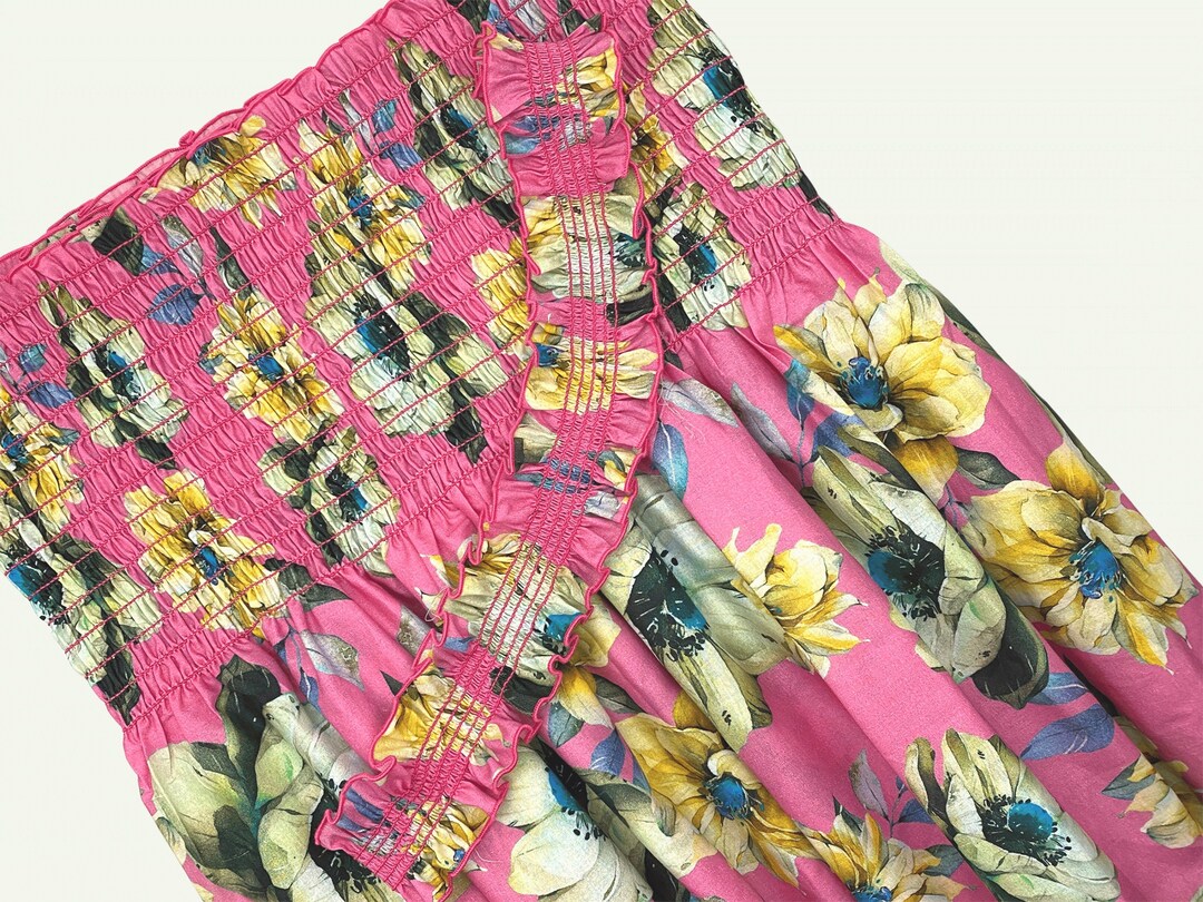 Cotton Fabric Shirred by the Yard 42l, Fun Pink Yellow Floral Fabric