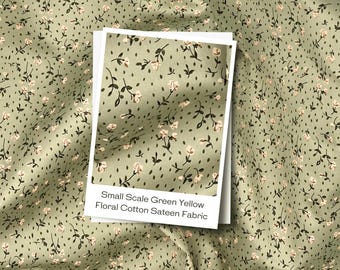 Vintage-Inspired Green and Yellow Floral Cotton Shirting Fabric for Dressmaking and Historical Tailoring