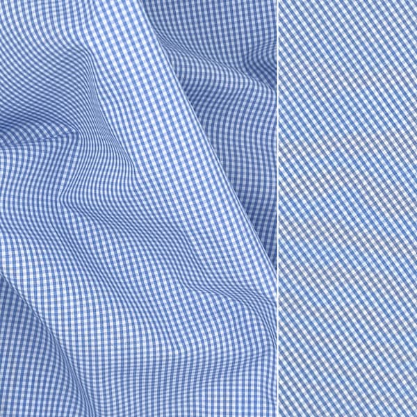 Blue Gingham Fabric, Tiny Mini Micro Scale 1/16 Small Gingham Check Fabric for Sewing, Light Blue and White Cotton Checked Fabric, Woven