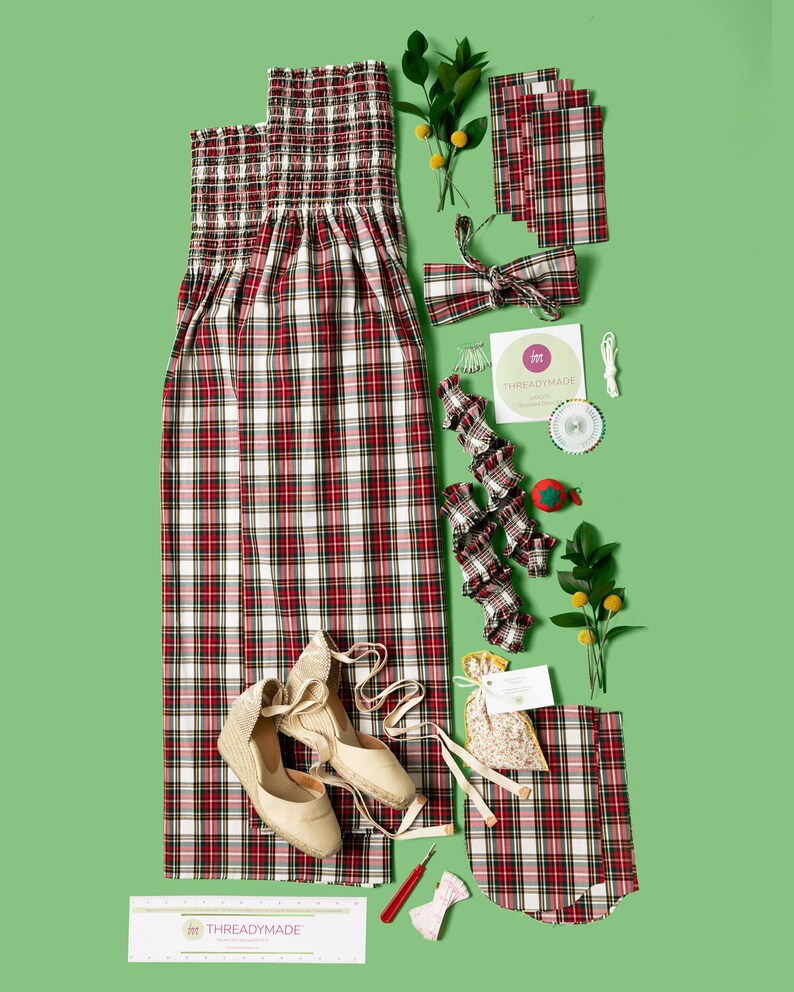 Womans Smocked House Dress With Pockets,Shirred Tube Dress Sewing Kit Tartan Dress Pattern Plus Size Pattern Precut Sewing Project