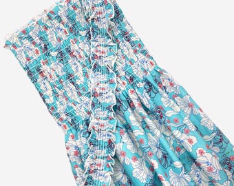 Art Deco Floral Smocked Cotton Fabric: Aqua Blue Shirred Sundress Material