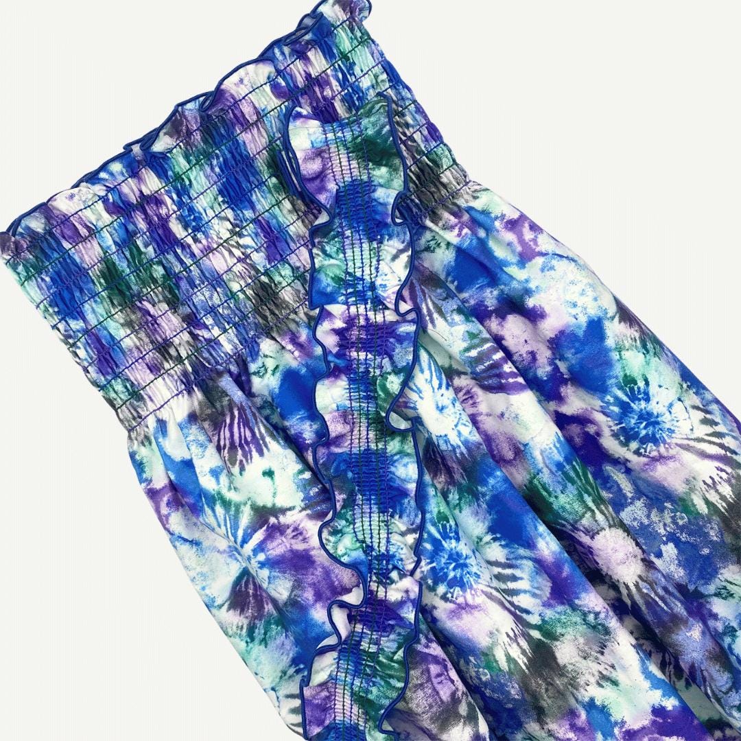 Purple Green Tie Dye Smocked Fabric by Yard– 29" Wide Shirred Cotton with Strap Option | DIY GIRLS Dresses, Skirts, Tops, Summer Sewing