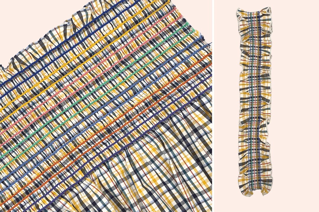 Presmocked Shirred Fabric Panel, 20 w X 42l, Cotton Navy Yellow Red