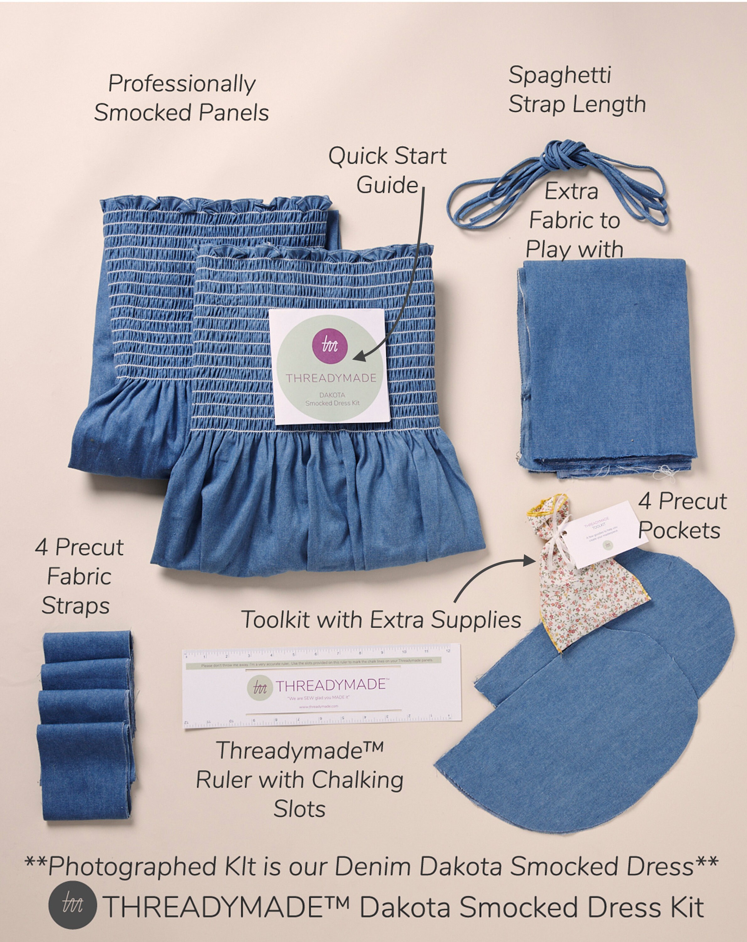 Smocking Dress Kit, Rainbow Check Shirred Sundress, Easy to Smocking Dress Kit, Rainbow Check Shirred Sundress, Easy to