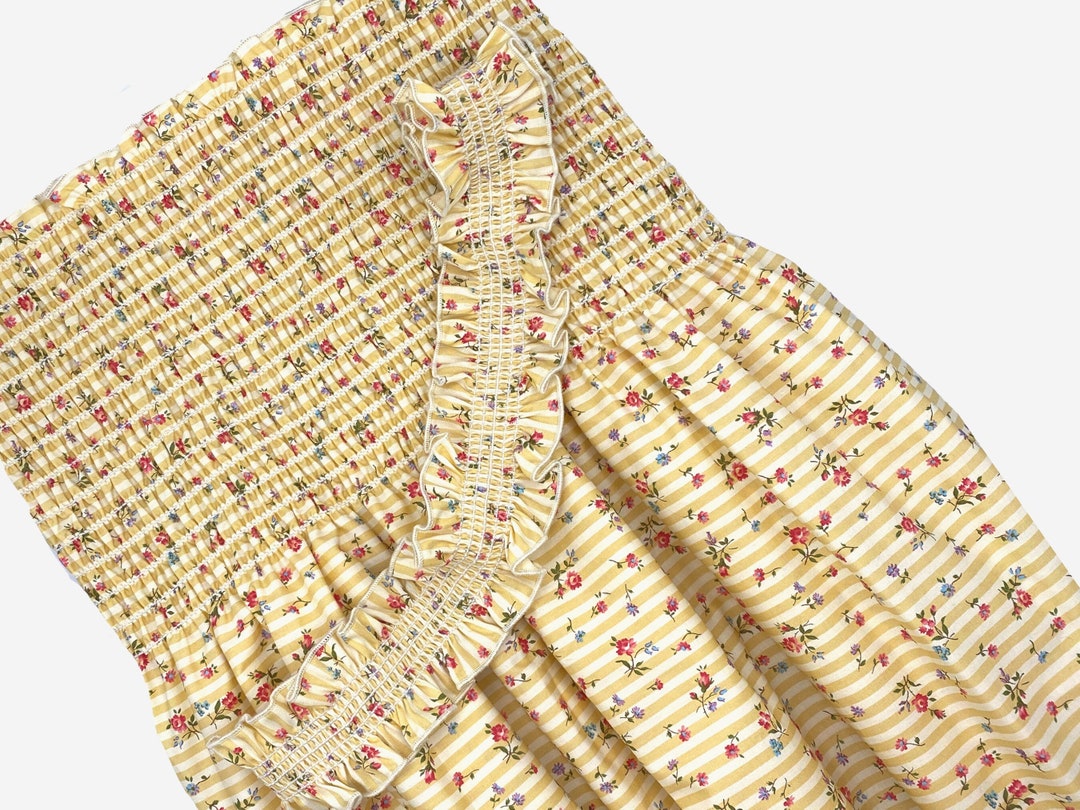 Cotton Fabric Shirred by the Yard 42l, Yellow Floral Stripe Fabric With