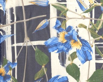 Navy Yellow Blue Floral Silk Chiffon Fabric, Printed Sheer Silk Chiffon Abstract Flower Print for Dresses, Scarves, Deadstock Fabric