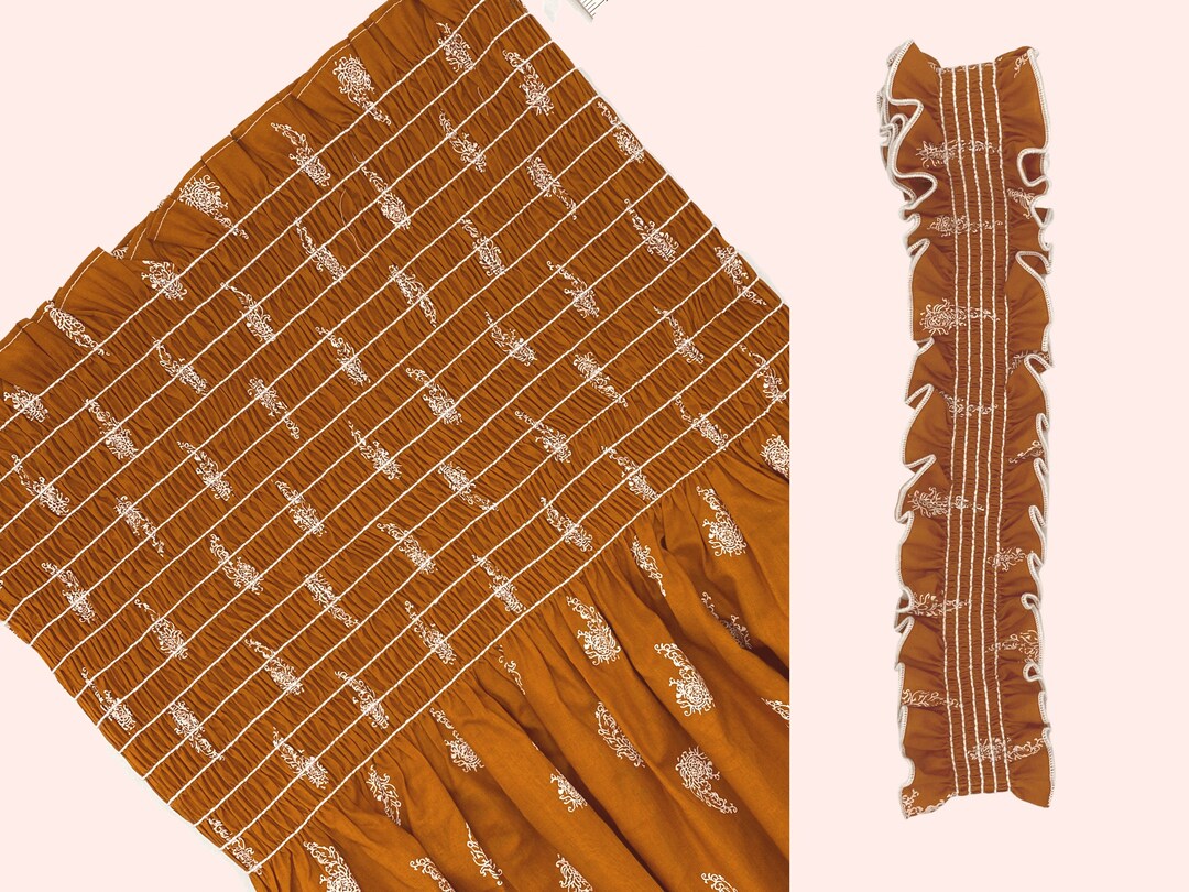 Presmocked Fabric Panel, Cotton Lawn Burnt Orange Floral Paisley