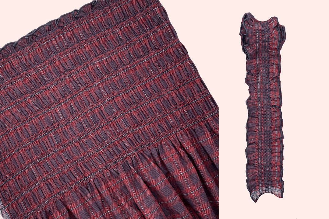 Pre Smocked Shirred Fabric, Deep Red Navy Plaid With Elastic Shirring