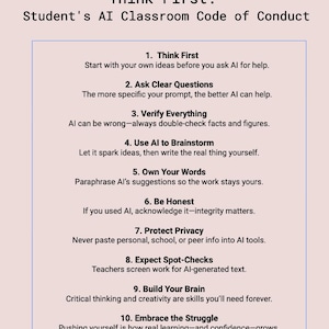 May include: A poster with the title "Think First: Student's AI Classroom Code of Conduct." The poster lists ten guidelines for using AI in the classroom, including "Think First," "Ask Clear Questions," and "Verify Everything."