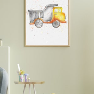 Décor de chambre d'enfant, art mural pour enfants, décor de salle de jeux, camion à benne basculante, peinture à l'aquarelle, estampes