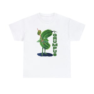 May include: White t-shirt with a green cartoon pickle holding a red sword and the word "GRUMPUS" in green letters.