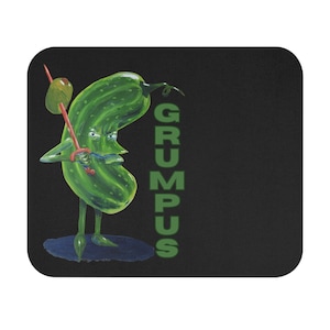 May include: A green cartoon pickle holding a red sword with a green pickle on the end. The word "GRUMPUS" is written vertically in green letters on the right side of the image.