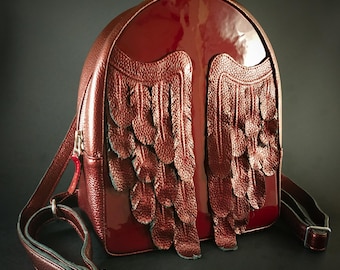 Leather Wing Backpack • Gothic Festival Bag • Handmade Red Leather Rucksack