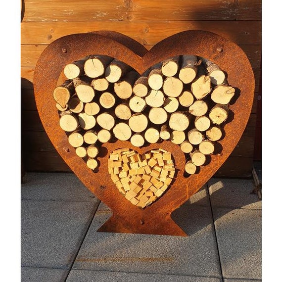 Support à bois de chauffage patiné coeur de bois de chauffage en rouille  pour poêle à bois coeur de rouille en bois -  France