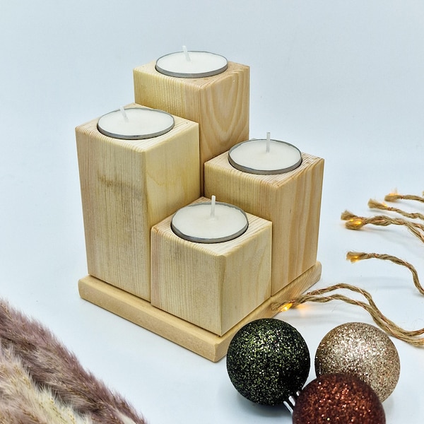 Moderner Adventskranz aus Holz | 4er Set Kerzenhalter Scandinavian Style Nordic | Teelichthalter graviert Kerzenständer nachhaltig Landhaus