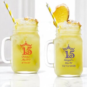 Personalized 24 pieces Printed Glass Mason Jar w/ Handle Large Mis Quince Tiara Favor Ideas DESIGN-MG4C Mis Quince Favors
