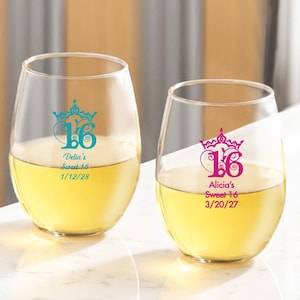 24 pieces * Crown 16 Sweet 16 Personalized Printed Stemless Wine Glass * DESIGN-MG4D * 9 oz Stemless * Sweet Sixteen Party Favors