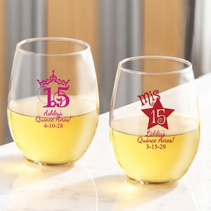 Personalized 24 Pieces Stemless Wine Glass Quince Años Favors, Quinceanera Party Favors, Sweet Sixteen Favors, DESIGN-MG28 - Quince Favors